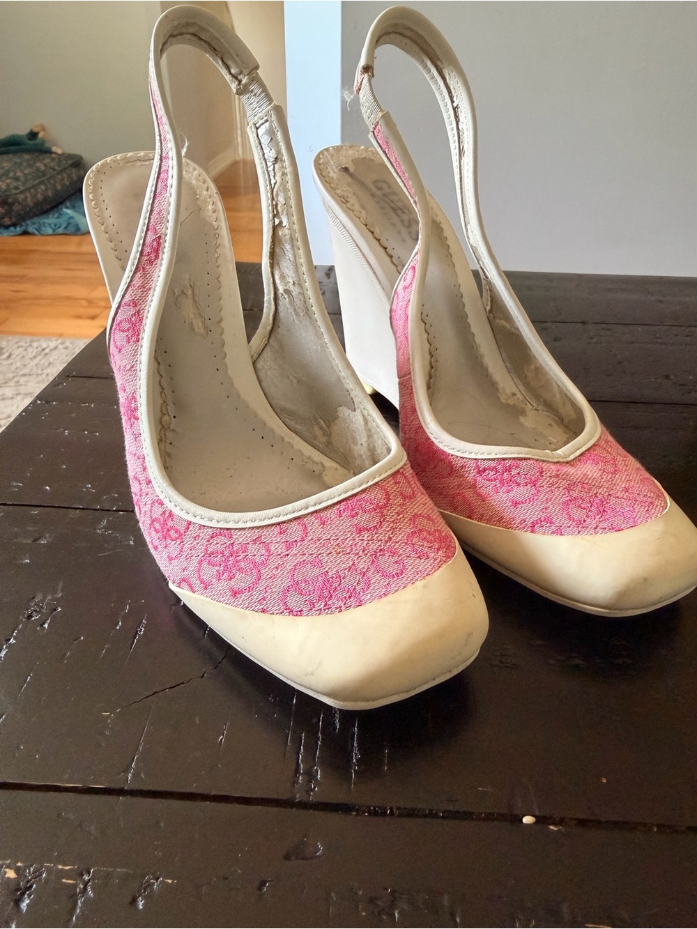 GUESS Pink and Cream Patterned Slingback Wedge Heels